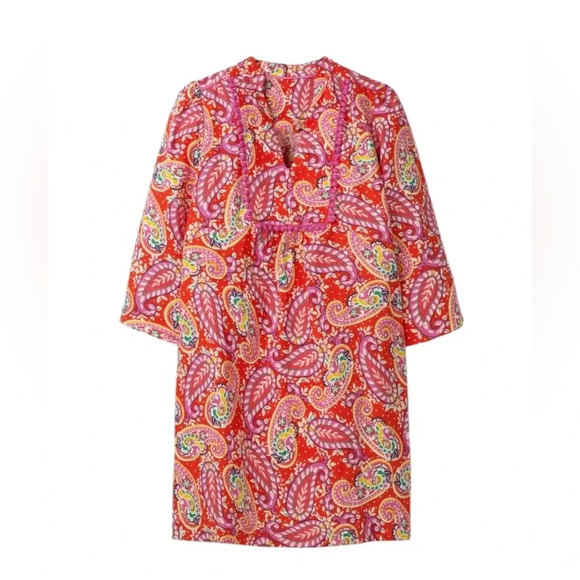 Boden Evangeline Linen Tunic Dress in Red Pop Mexican Paisley Size 4 petite - Picture 2 of 16